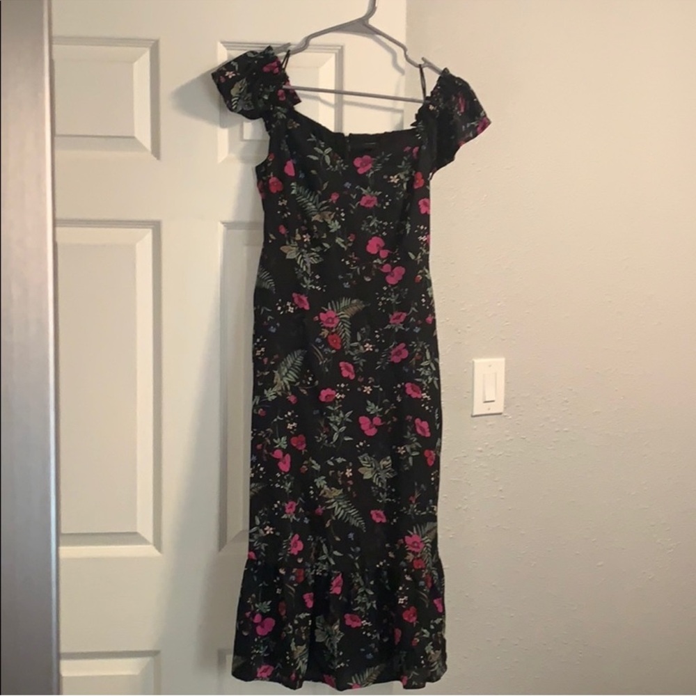Black floral off the shoulder midi length dress by Vici